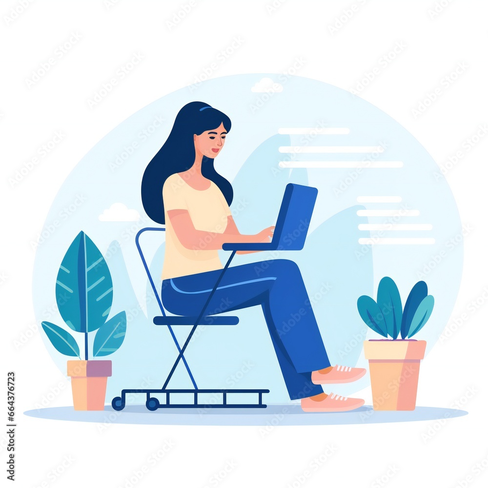 Smart female office worker sitting on chair at desk workspace side view flat illustration. Woman professional marketologist, manager, developer work on laptop isolated