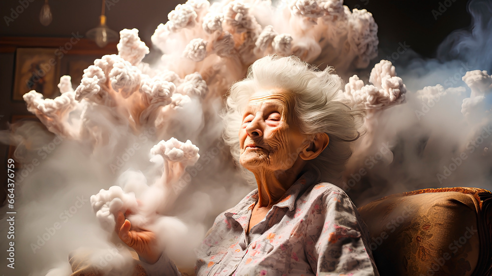 An elderly woman with mental problems represented by a cloud. Mental health concept. 