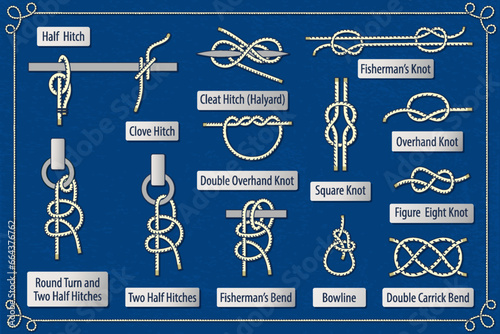 Set of rope knots, hitches, bends on a blue background. Decorative vector design.Pocter, card.
