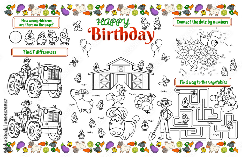 Festive placemat for children. Print out the farm-themed happy birthday activity sheet with a maze, connect the dots and spot the difference. 17x11 inch printable vector file