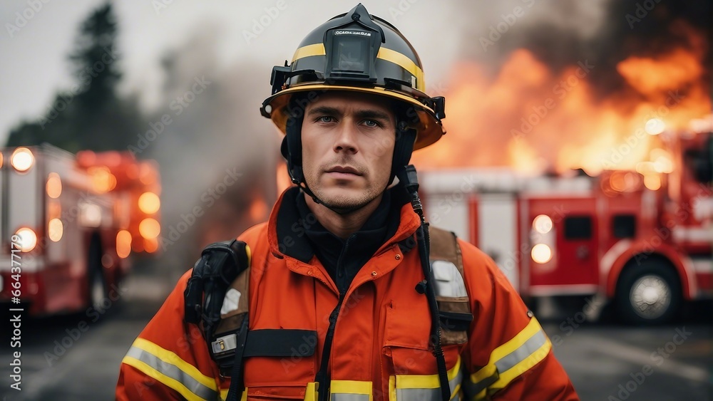 firefighter in action, A firefighter in a fire zone in full firemen's clothing, behind him is a large fire and fire trucks firefighter in action, A firefighter in a fire zone in full firemen's clothing, behind him is a large fire and fire trucks