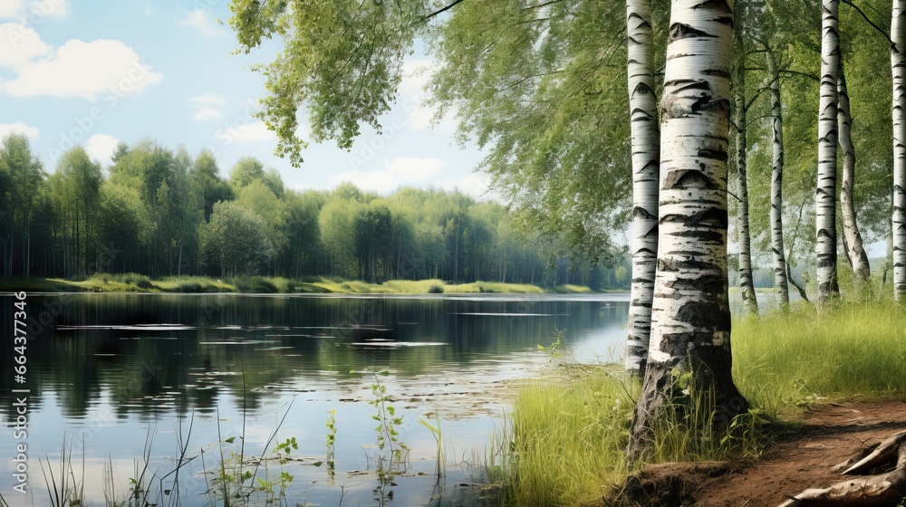  a painting of a lake surrounded by trees and a forest.  generative ai