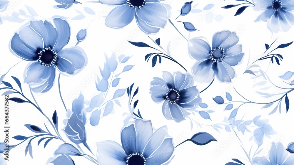 Fototapeta  a blue and white floral pattern on a white background with blue flowers.  generative ai