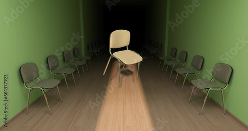 Dimly lit corridor. The chair flies through the air, creating a surreal and unexpected scene. 3D render.