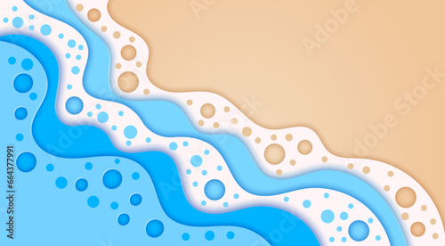 Surf sea waves paper cut background. Vector summer sand beach with ocean water waves of blue and white 3d papercut wavy surfline, foam and bubbles origami layers. Summer vacation or holidays banner © Vector Tradition