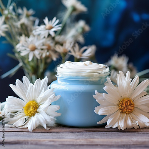 Obraz na płótnie Chamomile cream. Face and body care. Cosmetics in small jar near chamomile flowers on blue background copy space w salonie