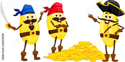 Cartoon funny cavatelli italian pasta pirate and corsair characters with golden coins. Isolated vector swashbuckling noodles with a loot. Culinary adventurer personages armed with sabers and treasure