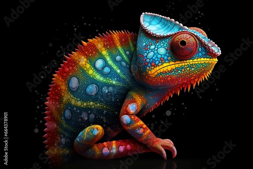 Illustration of colorful chameleon with shimmering speckled skin on black backdrop. Generative AI
