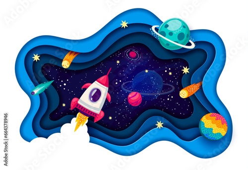 Space paper cut banner. Rocket launch, starry galaxy landscape and planets, comets, stars and floating spaceship in vector frame of 3d wavy layers. Outer space travel and adventure papercut poster