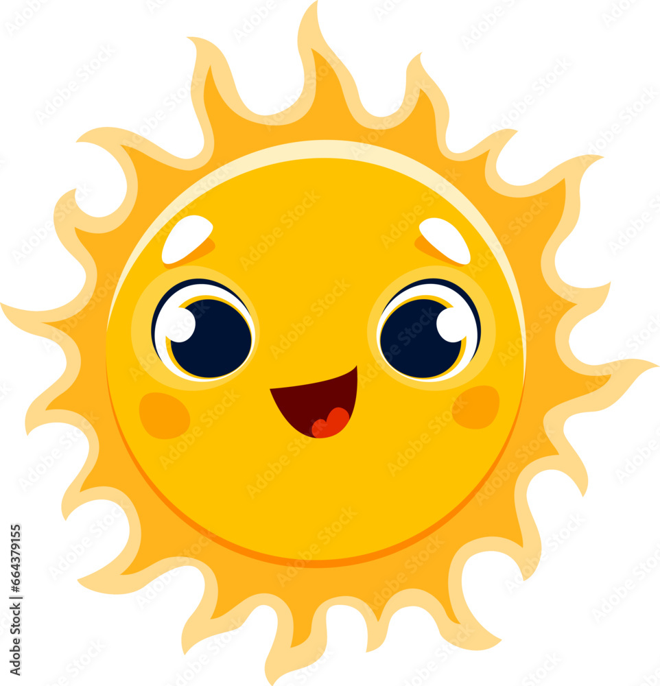 Cartoon happy sun character, isolated vector funny positive emoticon. Kawaii smiling solar personage with cute playful face. Climate and weather forecast, sunlight, sunshine element for kids design