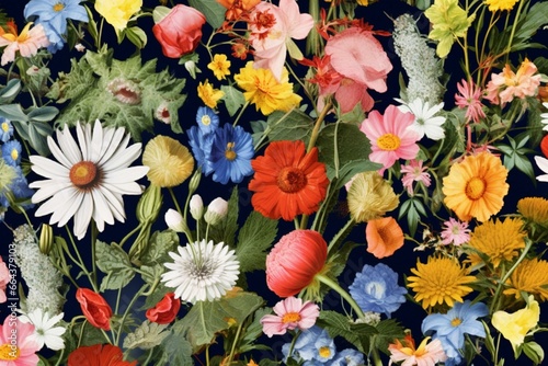 A continuous flower pattern with various types of flowers found in gardens. Generative AI