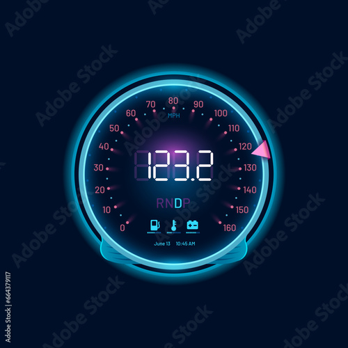 Car speedometer neon dial, speed gauge dashboard or counter interface, vector digital indicator. Car speed meter or speedometer tachometer with arrow, odometer with fuel, mph and engine gear LED panel