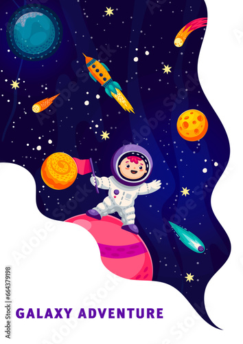 Cartoon kid astronaut on space planet. Astronomy science and education vector vertical poster or leaflet with boy astronaut funny character standing on planet surface, rocket and planet in outer space © Vector Tradition