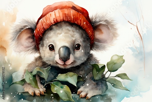 A cute and cuddly koala in watercolor, perfect for a Christmas postcard on a pristine white background