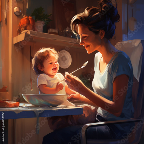 Obraz na płótnie Mom feeds the baby with a spoon. The first lure at home. A baby in a high chair eats lunch with a spoon. w salonie