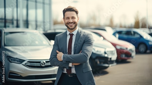 salesman stand with their arms crossed in a showroom wearing suits smile and happy.