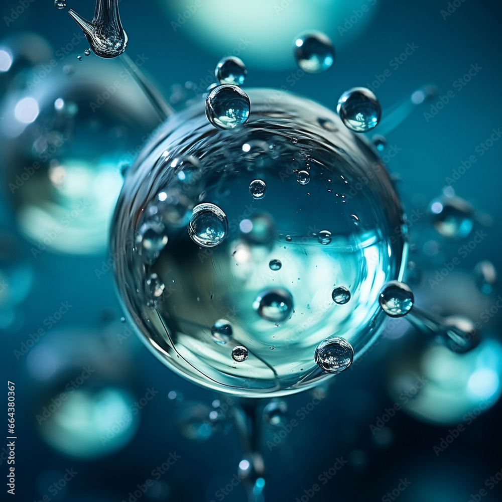 Water bubbles close-up. Blue air bubbles in the liquid. Cleansing and the use of cosmetics. Illustration of foam bubbles