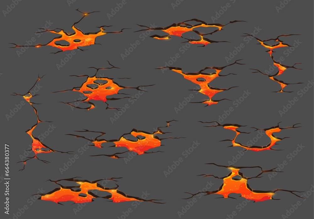 Volcano lava, magma fire ground cracks. Cartoon vector set of earthquake fissures, land destruction texture top view. Molten lava flows, fiery rivers creating dramatic destructive natural phenomenon Volcano lava, magma fire ground cracks. Cartoon vector set of earthquake fissures, land destruction texture top view. Molten lava flows, fiery rivers creating dramatic destructive natural phenomenon