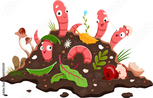 Cartoon funny earth worms in compost, soil humus. Vermicomposting. Isolated vector earthworms helping to decompose organic matter. Invertebrate pest creatures stick out of pile with leftovers wastes