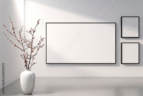Maquette de cadre noir et fond blanc dans un environnement d'intérieur photo