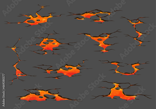 Volcano lava, magma fire ground cracks. Cartoon vector set of earthquake fissures, land destruction texture top view. Molten lava flows, fiery rivers creating dramatic destructive natural phenomenon