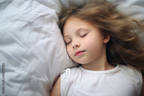 a cute young girl child sleeps on a white pillow