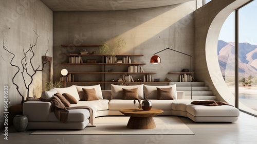 In a minimalist style home interior design of the modern living room  a beige curved sofa rests against a beige and concrete wall with ample copy space