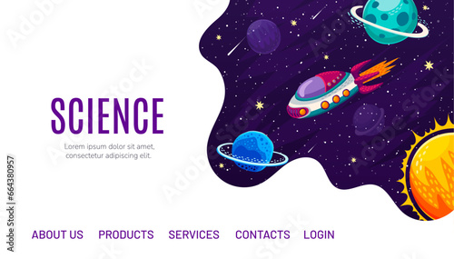 Galaxy space landing page with cartoon flying starship at solar system, vector website or web page template. Space shuttle or spaceship rocket in galaxy spaceflight to planets for website landing page