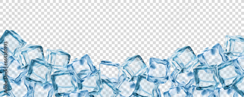 Realistic ice cubes background, crystal ice blocks frame. Isolated 3d vector border of blue transparent frozen water pieces. Glass or icy solid pieces, template for drink ads with clean square blocks