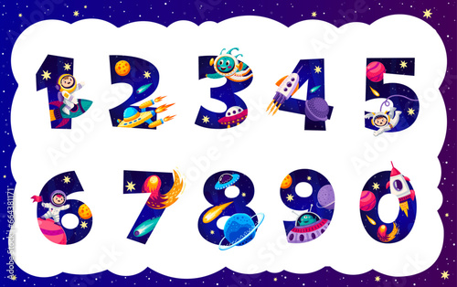 Cartoon galaxy space numbers, math game elements, vector astronomy science and kids education. Funny numbers font with kid astronauts and aliens characters, space rocket and UFO, planets and comets