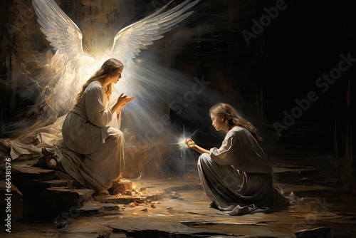 an angel kneels down next to the woman looking at her light, believe in god and Jesus concept