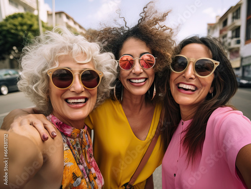 Group of mature friends laughing while taking a selfie in summer. AI generative.