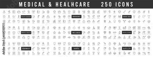 Medical and healthcare web line icons. Medicine, check up, doctor, dentistry, pharmacy, body, scientific etc collection. Editable stroke
