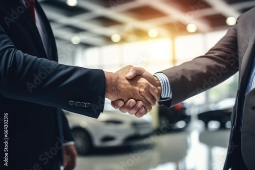 sales managers and customers hand in hand in a successful car showroom photo