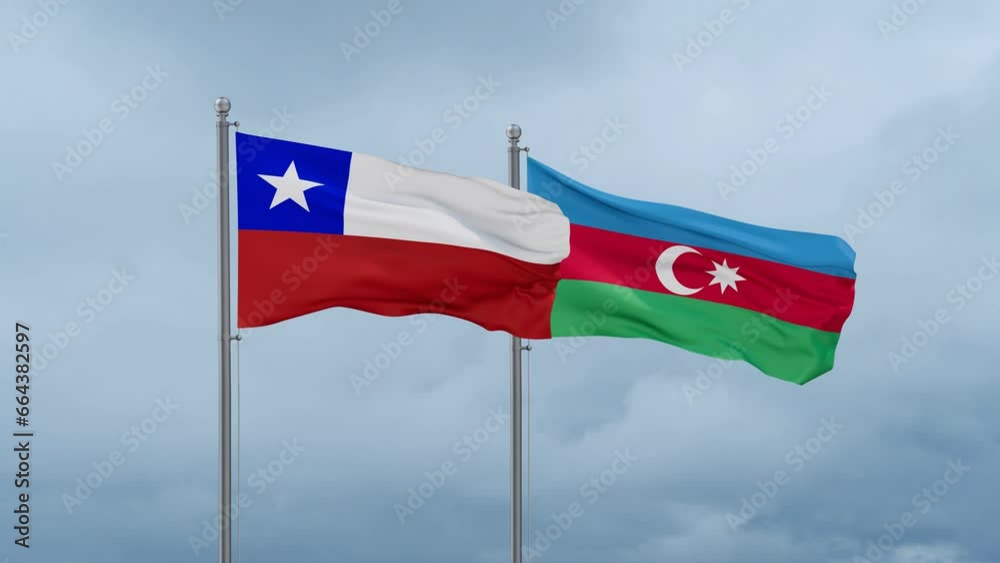 Azerbaijan and Chile flag waving together on cloudy sky, endless seamless loop, two country cooperation concept Azerbaijan and Chile flag waving together on cloudy sky, endless seamless loop, two country cooperation concept