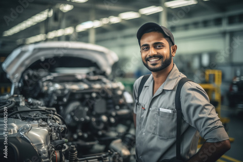 Successful car mechanic standing at garage