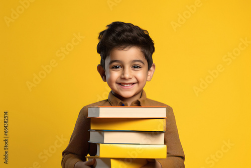 Cute little boy sitting with many books