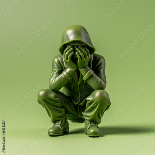 green army man toy soldier crouched covering face crying, isolated on plain studio background	 photo