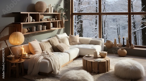 In a Scandinavian, hygge home interior design of the modern living room, a knitted pouf and a white corner sofa with a fur pillow near grid windows offer a cozy and inviting space for relaxation