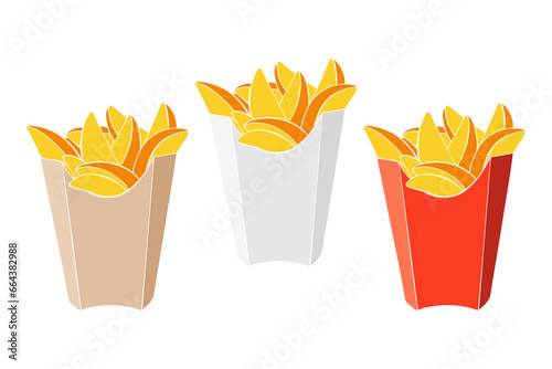 French free potatoes in package. Set of hand drawn fast food fried potatoes, isolated, white background.