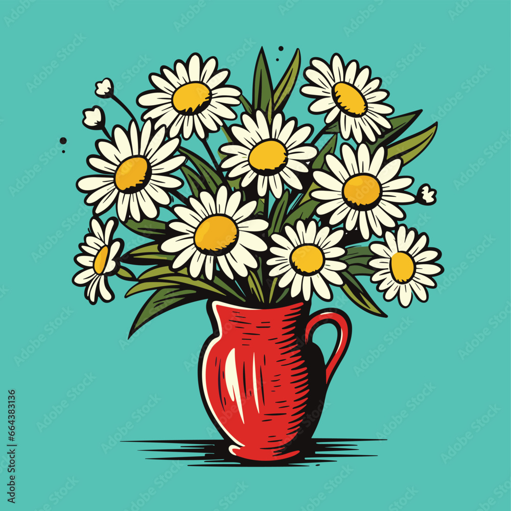 Bouquet of daises in a vase. Spring bouquet. Vector