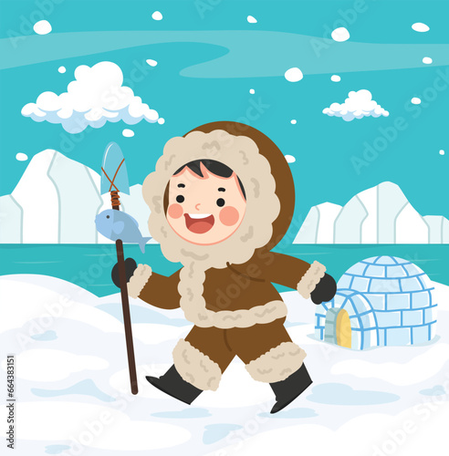 Eskimo boy with fish catch North pole Arctic