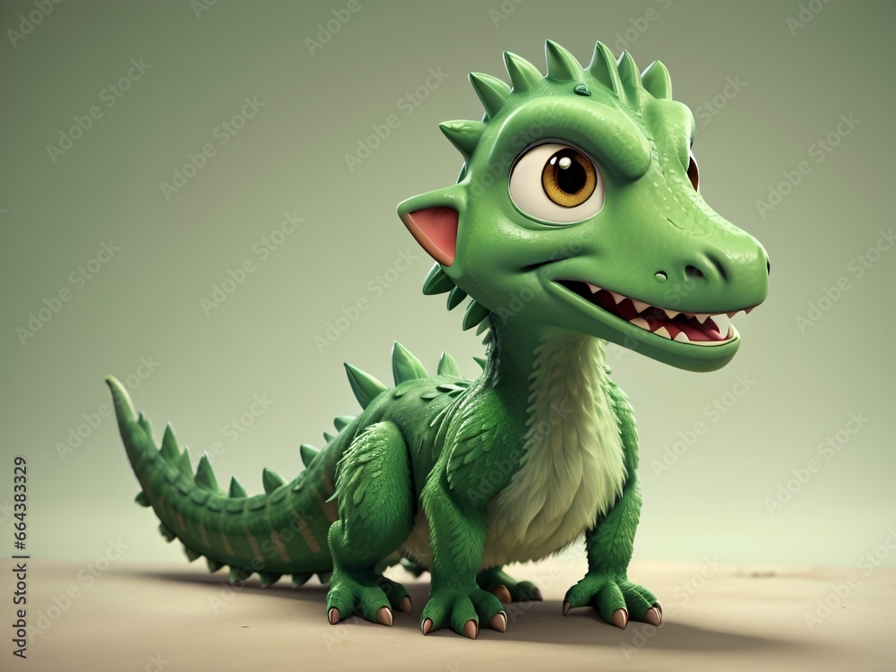 Fototapeta premium Cute and funny green furry prehistoric monster on a green background. Generative Ai.