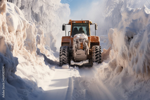 Amid the chilly weather, a robust tractor leads a convoy of snow removal vehicles, showcasing a blend of machinery photo