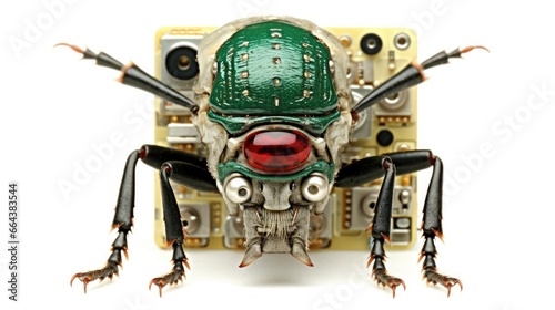 Computer bug concept on a isolated white background, this circuit board insect is responsible for all your hardware failures and coding errors.