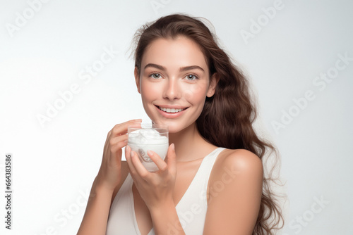 Young beautiful woman showing moisturizing cream or cosmetic product