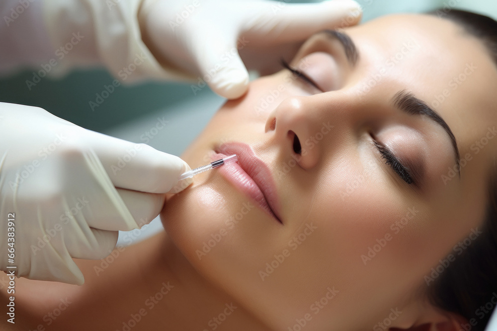 Beautiful woman taking botox injection at dermatologist