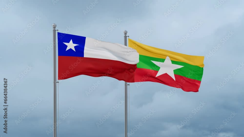 Myanmar aka Burma flag and Chile flag waving together on cloudy sky, endless seamless loop, two country relations concept Myanmar aka Burma flag and Chile flag waving together on cloudy sky, endless seamless loop, two country relations concept