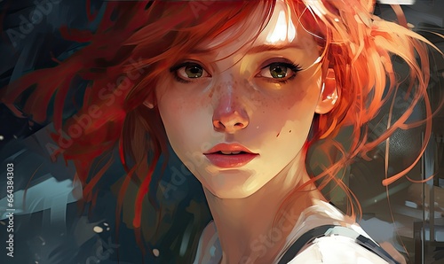 Photo of a digital painting of a woman with vibrant red hair © uhdenis