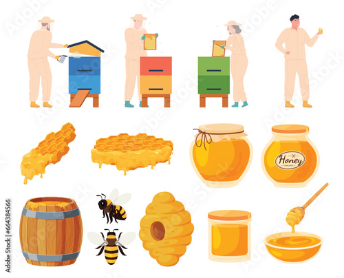 Set of objects related to honey. Apiary production of honey. Bees produce a sweet viscous syrup. Nutritious natural honey. Vector illustration